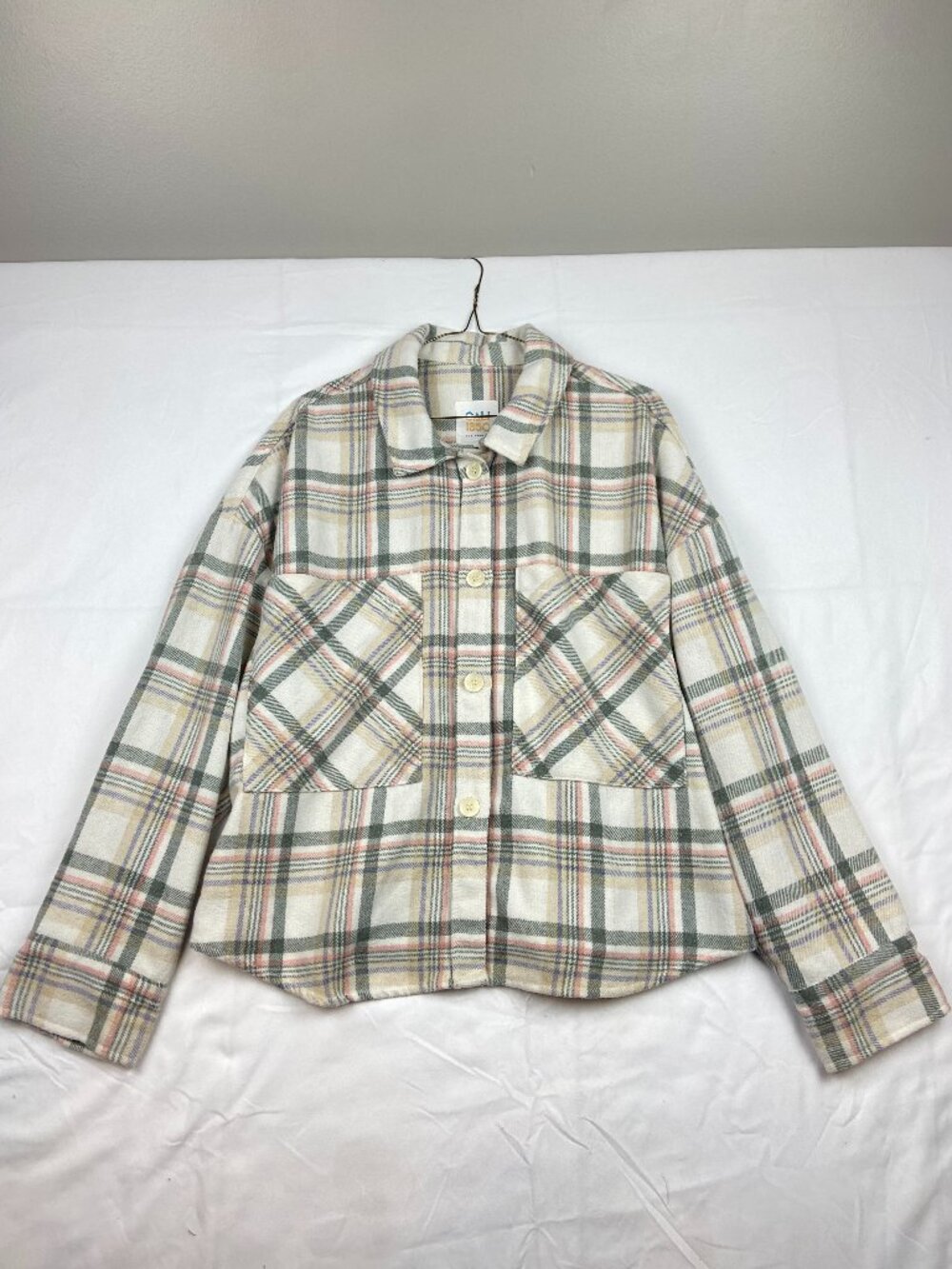 CALI1850 Plaid Flannel Shacket in White, Gray & Pink Size Large